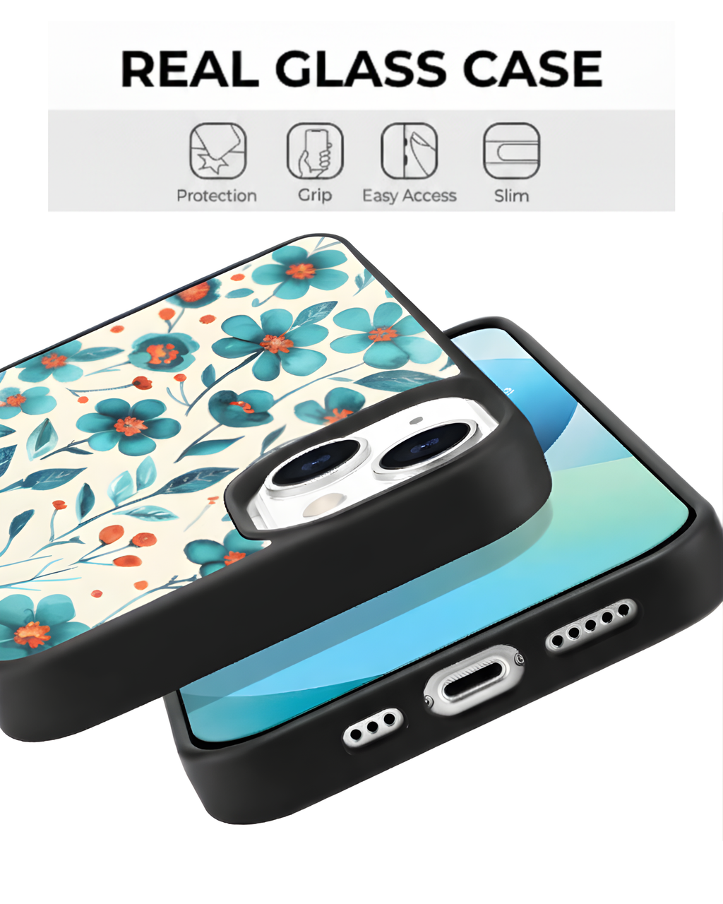 Phone case with floral design and text 'Real Glass Case' on a white background