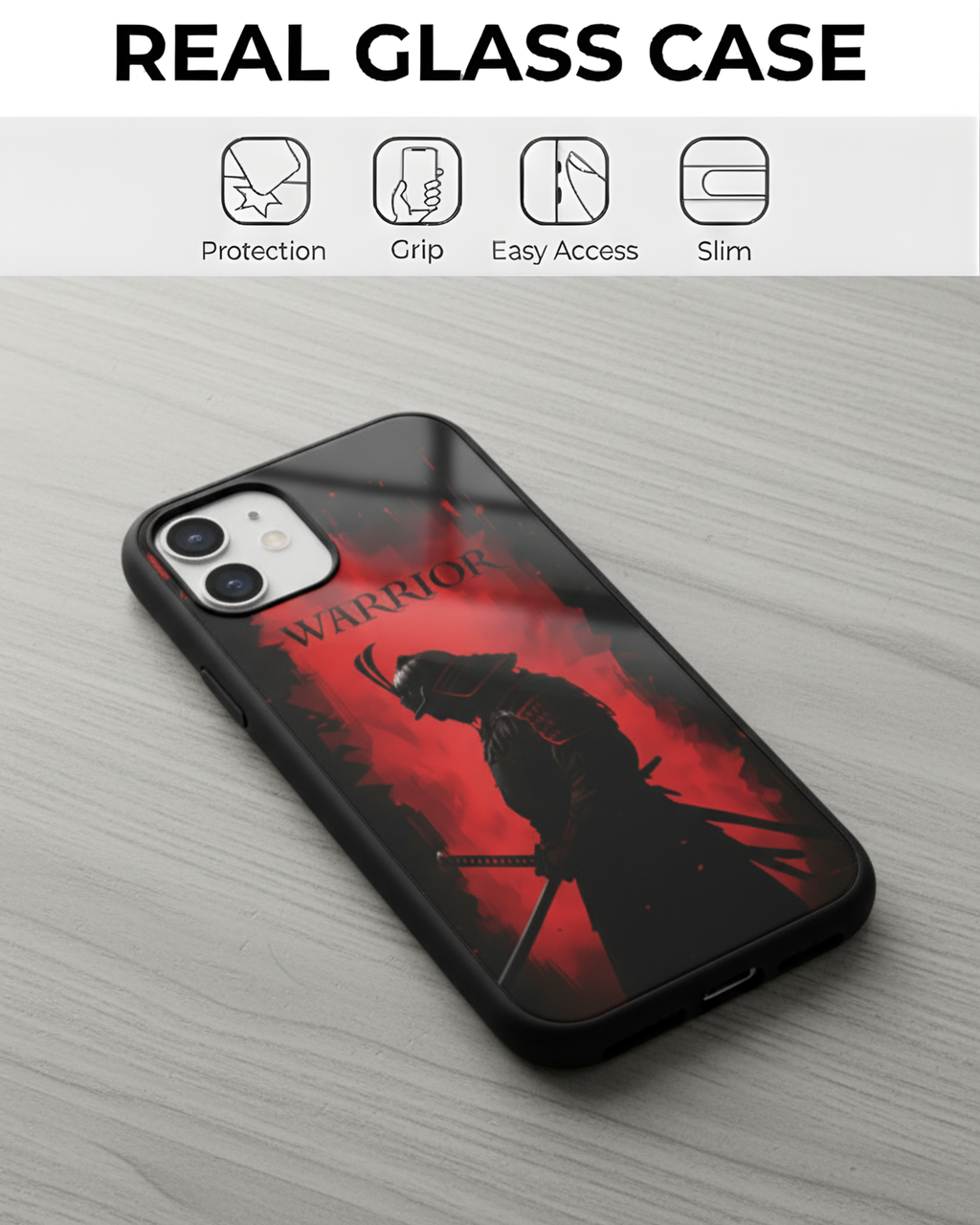 Phone case with warrior design on a gray surface, featuring icons for protection, grip, easy access, and slimness.
