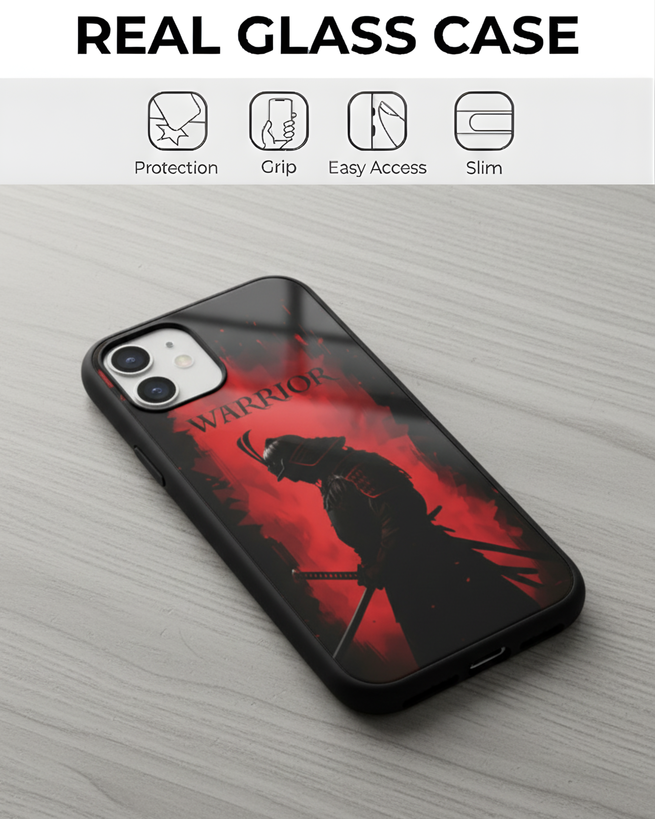 Phone case with warrior design on a gray surface, featuring icons for protection, grip, easy access, and slimness.